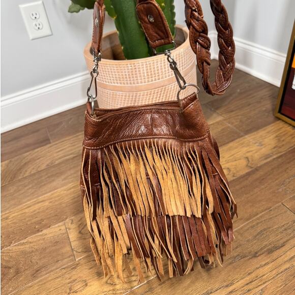 Vintage Brown Leather Fringe Crossbody Bag Made In Mexico Braided Strap Boho - Picture 2 of 7